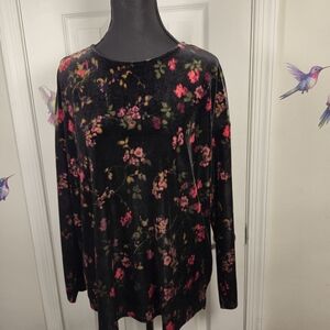 J. Jill Velvet Floral Black & Pink Tunic Top - Cozy Opulence & Dark Romance M